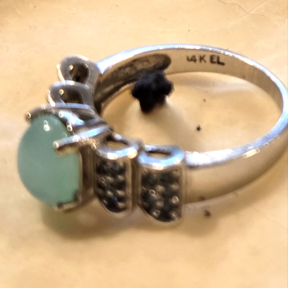 Blue opal ring 14k wg  blue accent diamonds size 6